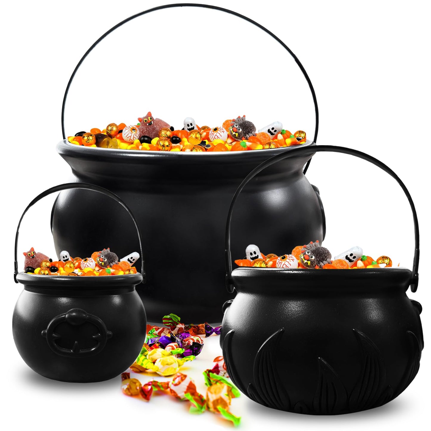 Eerrhhaq 3 in 1 (12.6",9.8",7.6") Halloween Large Black Witch Cauldron Kettle,Plastic Candy Bucket Holder Cauldron Pot Bowl,Party Favor Decoration for St. Patrick's Day and Halloween