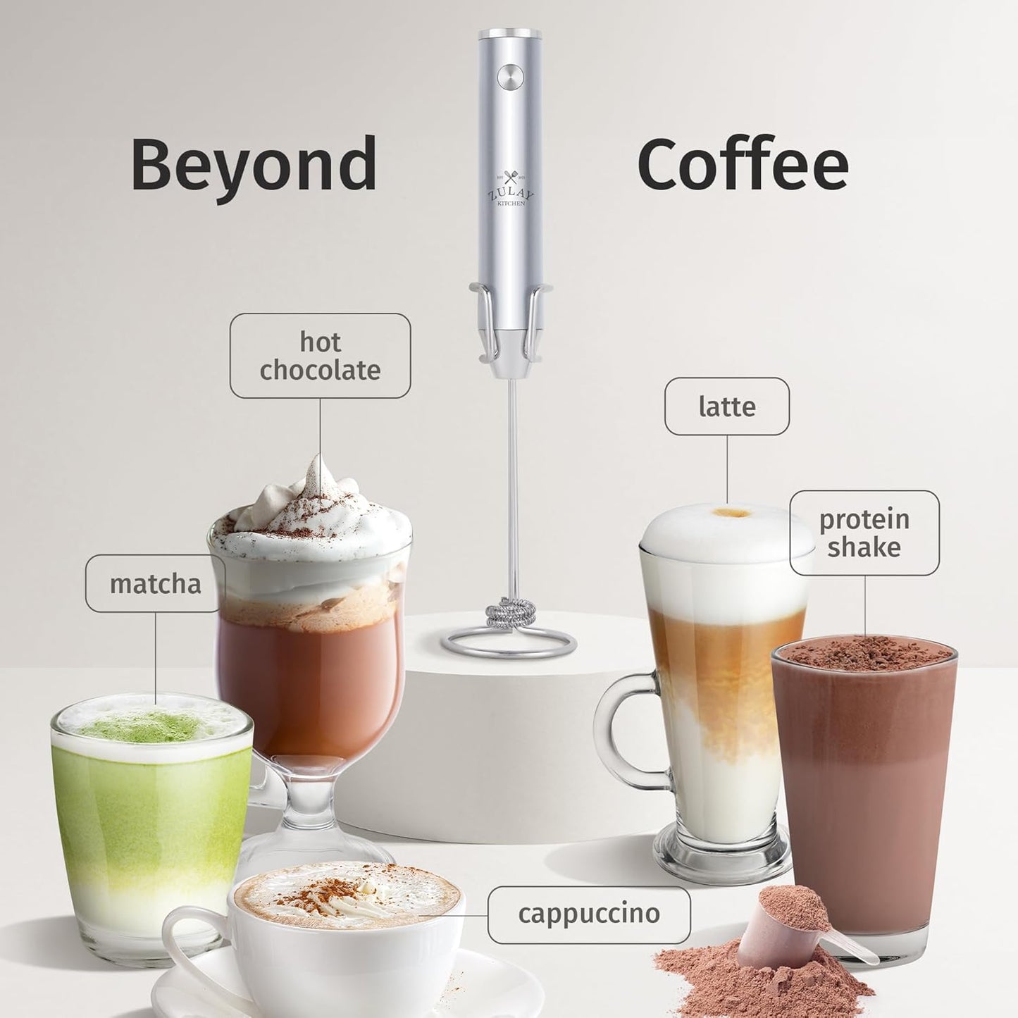 Zulay Kitchen Rechargeable Milk Frother - Powerful 2-Speed Motor, Waterproof Design | 2000mAh Battery - Perfect for Lattes, Cappuccinos, Matcha & Protein Drinks - Pure Silver