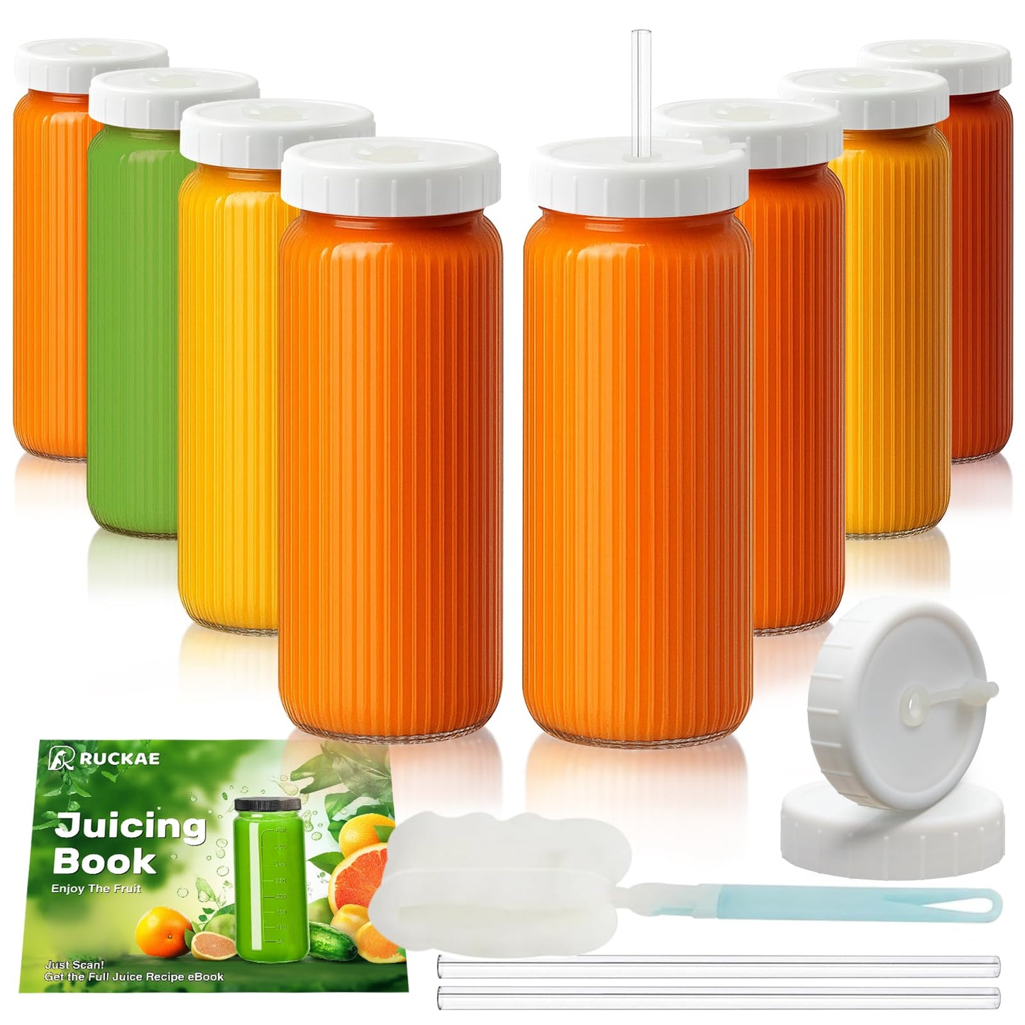 Ruckae 16oz Juice Bottles,Ribbed Glass Juicing Bottles with Lids,Smoothie Cup Lids and Straws,Water Bottle Mason Jar Drinking Glasses for Juicing,Smoothies,Kombucha (Clear-8 pack)