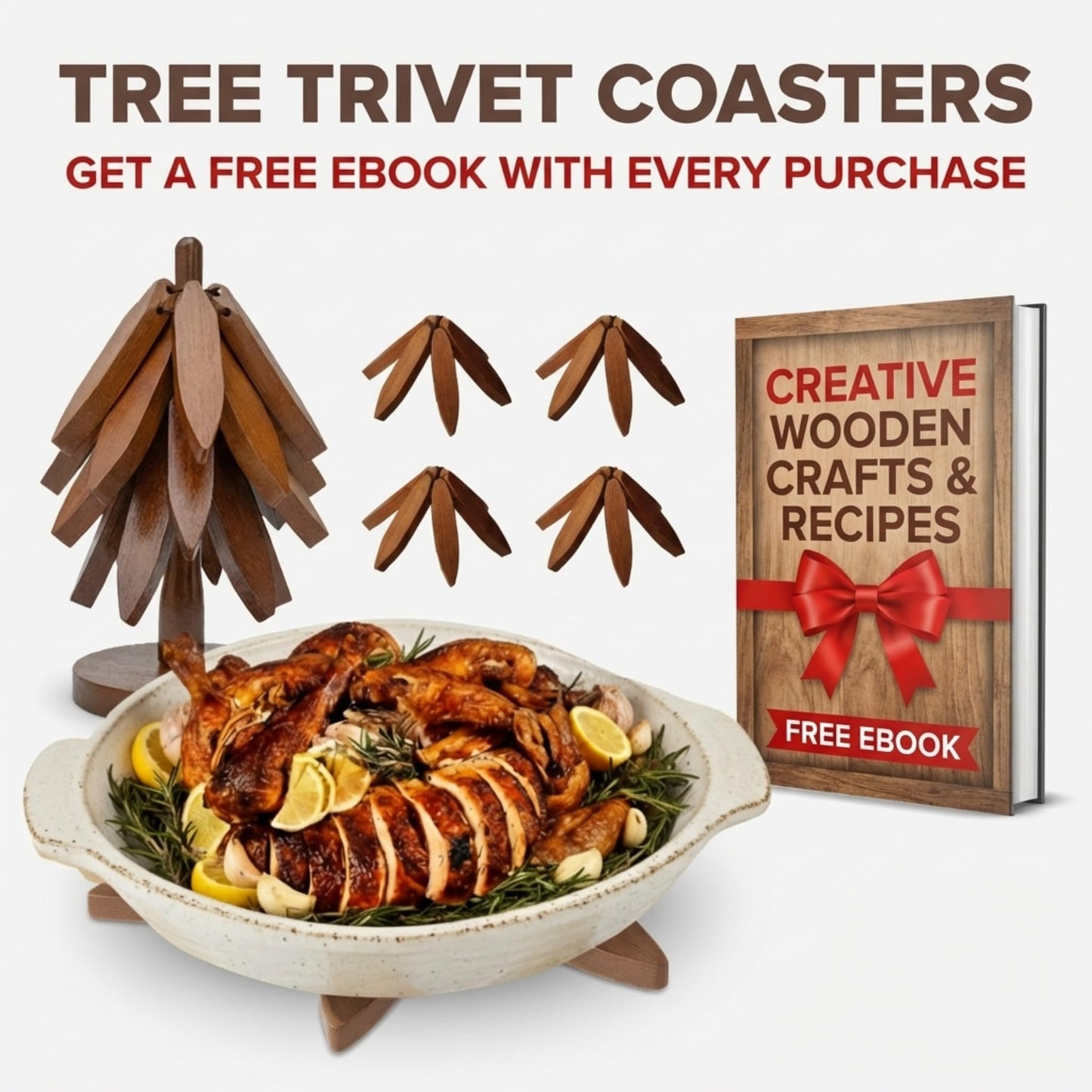 Wooden Trivets for Hot Dishes – Tree Trivet Set with 4 Foldable Wooden Trivets & 1 Stand, Heat-Resistant, Space-Saving Trivet Tree for Pots, Bowls & Teapots (Walnut)