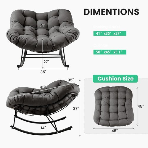 JEAREY Oversized Outdoor Papasan Rocking Chair - Comfy Egg Chair for Patio, Garden & Living Room - Grey