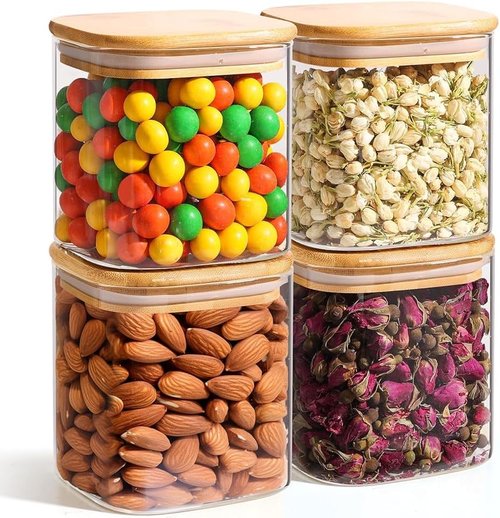 ComSaf Glass Food Storage Jars Set of 4 - Clear Containers with Lids for Pantry Organization | Ideal for Spices, Tea, Coffee, and Sugar