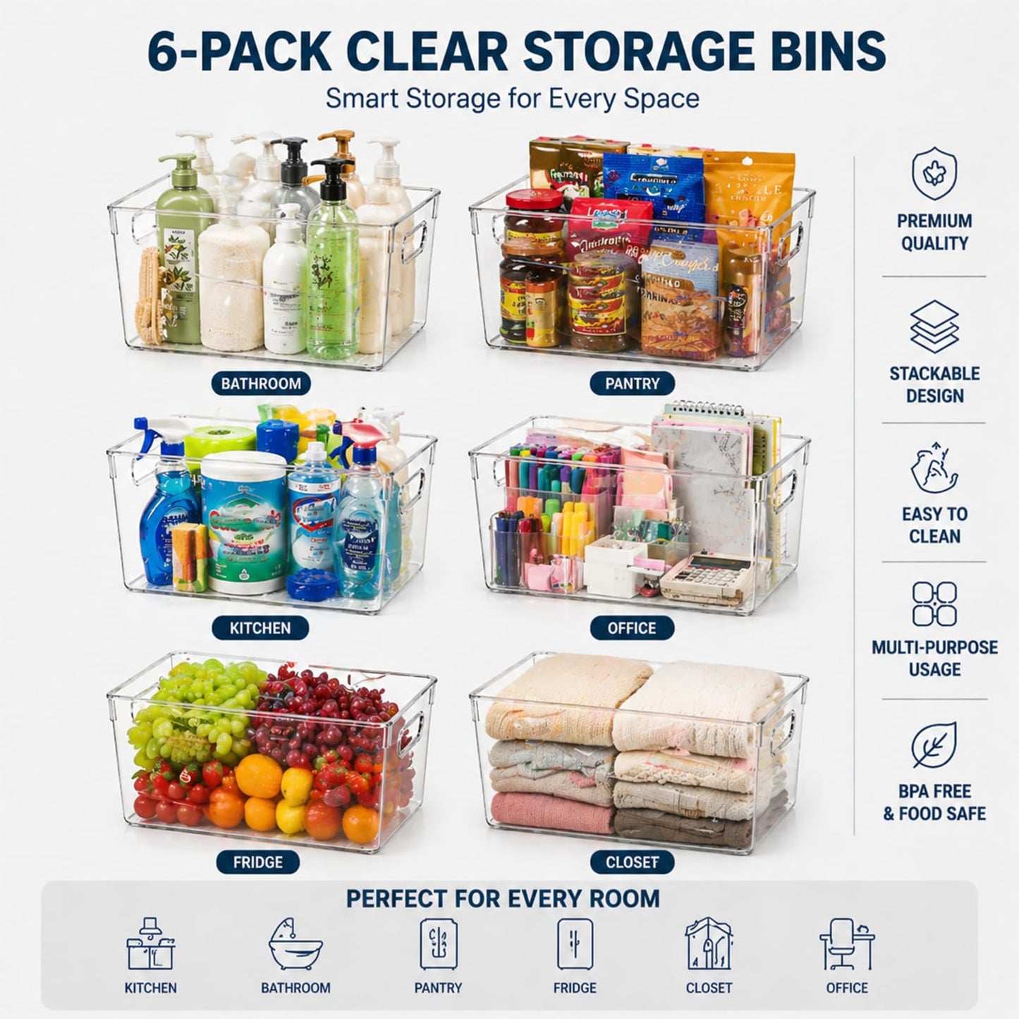 MOONEDGE Open Clear Plastic Storage Bins Stackable Organizer Containers with Handles for Kitchen, Pantry, Fridge, Cabinet, Closet Storage & Home Organization 6 Pack（11 x 8 x 6 in）