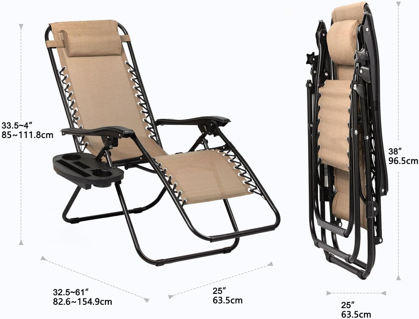 Nazhura Adjustable Zero Gravity Lounge Chairs - Set of 2 Relaxing Patio Recliners with Pillow & Cup Holder | Khaki
