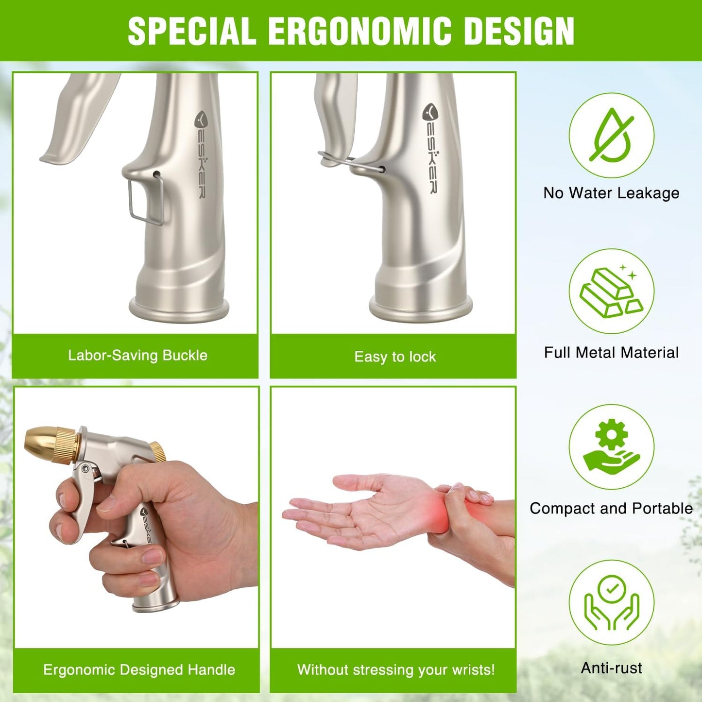 Yesker Garden Hose Nozzle - Heavy Duty 100% Metal Brass Sprayer with 4 Adjustable Spray Patterns for Outdoor Use