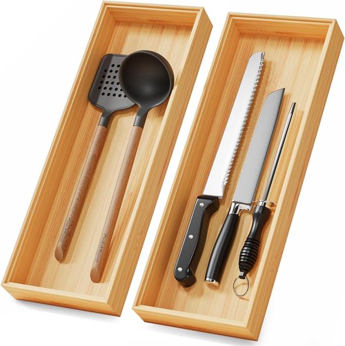 Bamboo Kitchen Drawer Organizer - Stackable Utensil Tray Set of 2 | 17" x 6" for Cutlery & Flatware Storage