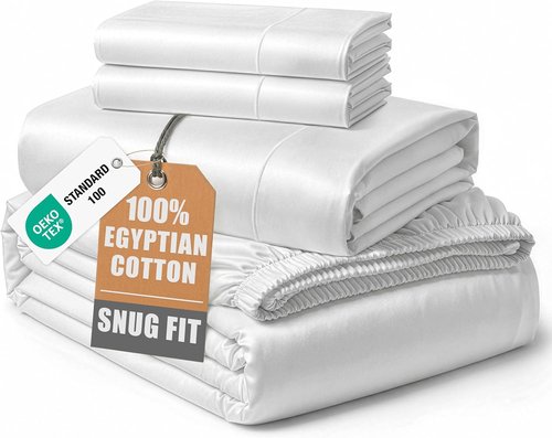 100% Egyptian Cotton Sheets King Size - Ultra-Soft, Naturally Cooling 4-Piece Set | Luxury White Silky Sateen with Deep Pockets