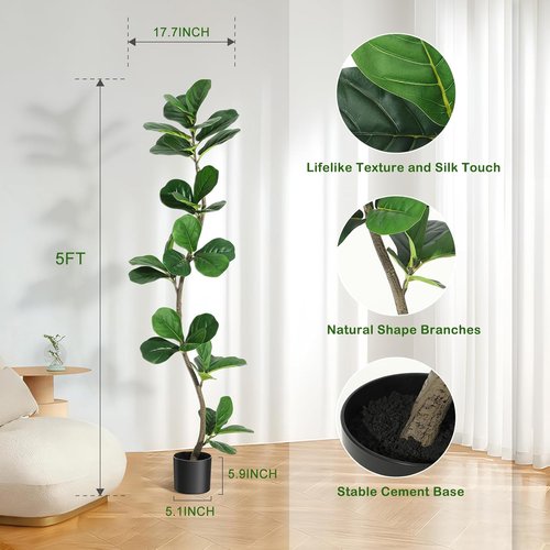 GarveeHome Artificial Fiddle Leaf Fig Tree - 5 Ft Realistic Fake Plant with Black Planter | Perfect for Home or Office Decor