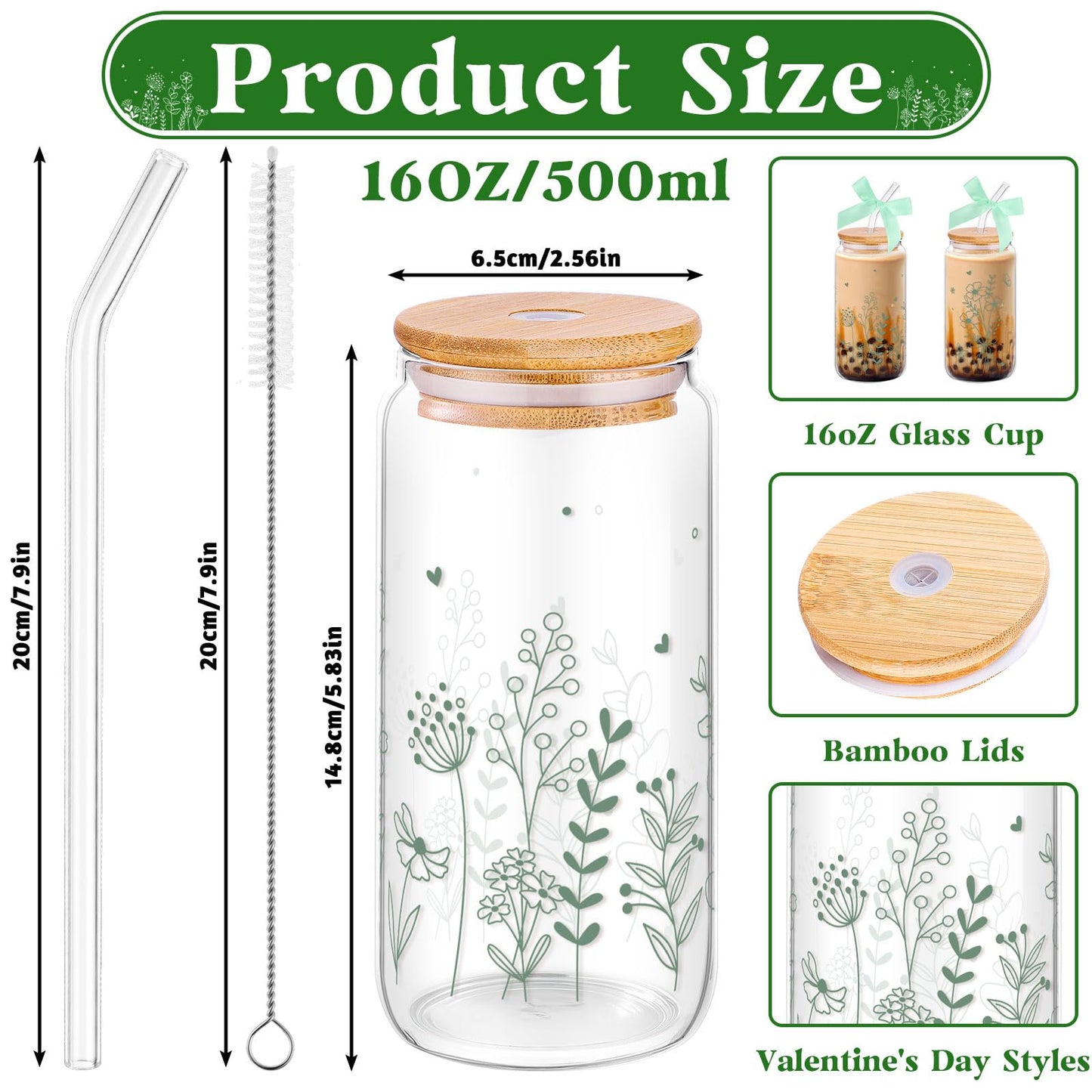 NatNarr 2 Pcs Glass Cups with Lids and Straws, Gifts for Women 16oz Sage Green Floral Glass Coffee Cups, Cute Aesthetic Glass Cup for Mothers Day Gifts Girls New Mom Birthday Baby Shower Party Gift