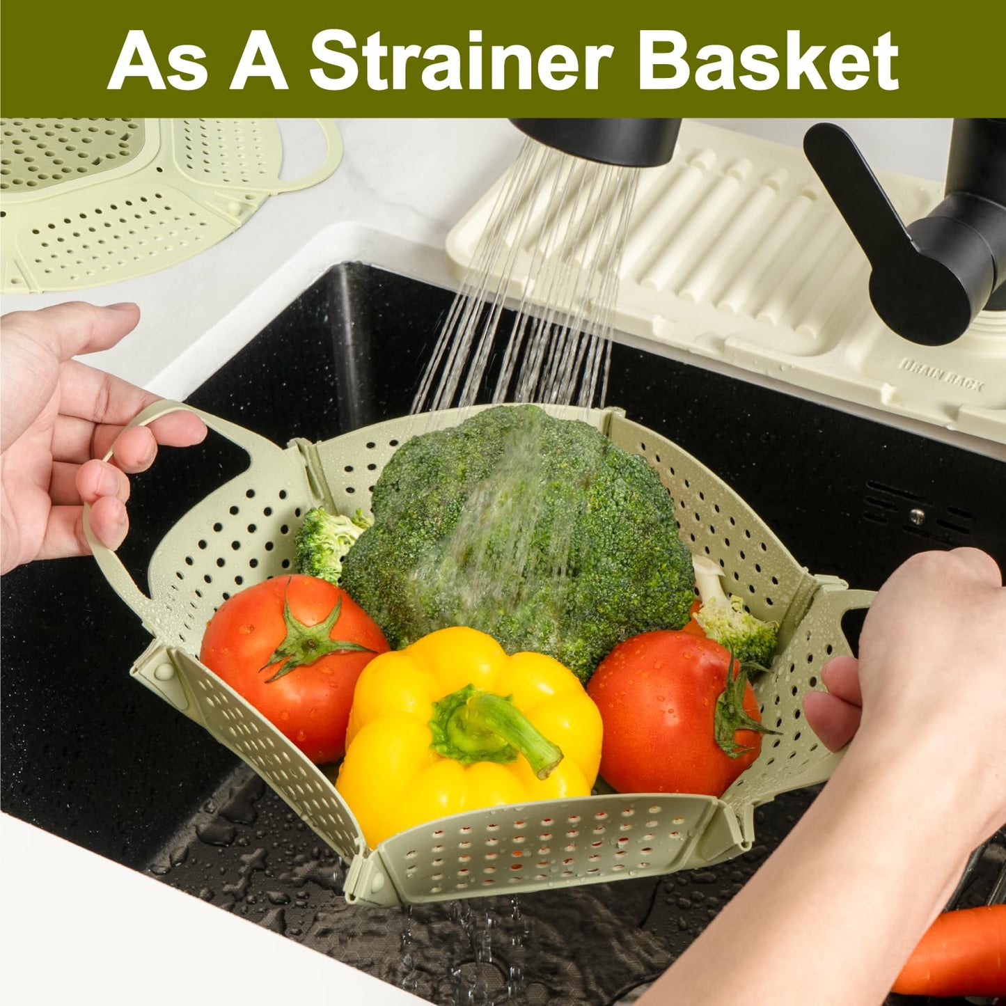 Large Collapsible Silicone Steamer Basket, Folding Silicone Vegetable Steamer Basket With Handles, BPA Free, Expandable for Pot, Non Slip Feet, Compact Storage, Dishwasher Safe