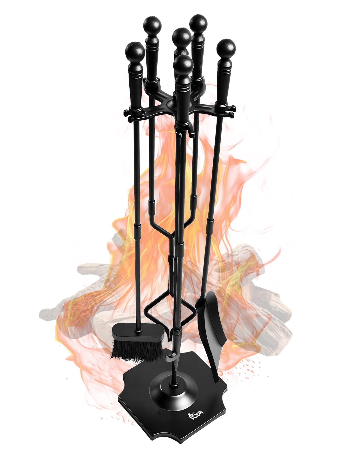 VODA Fireplace Tools Set 5 Pieces 31.5In Cast Iron Indoor Fireside Accessories Large Fire Place Tool Set Outdoor Holder Fire Kit Stand Wood Stove Log Shovel Brush Tong and Fireplace Poker
