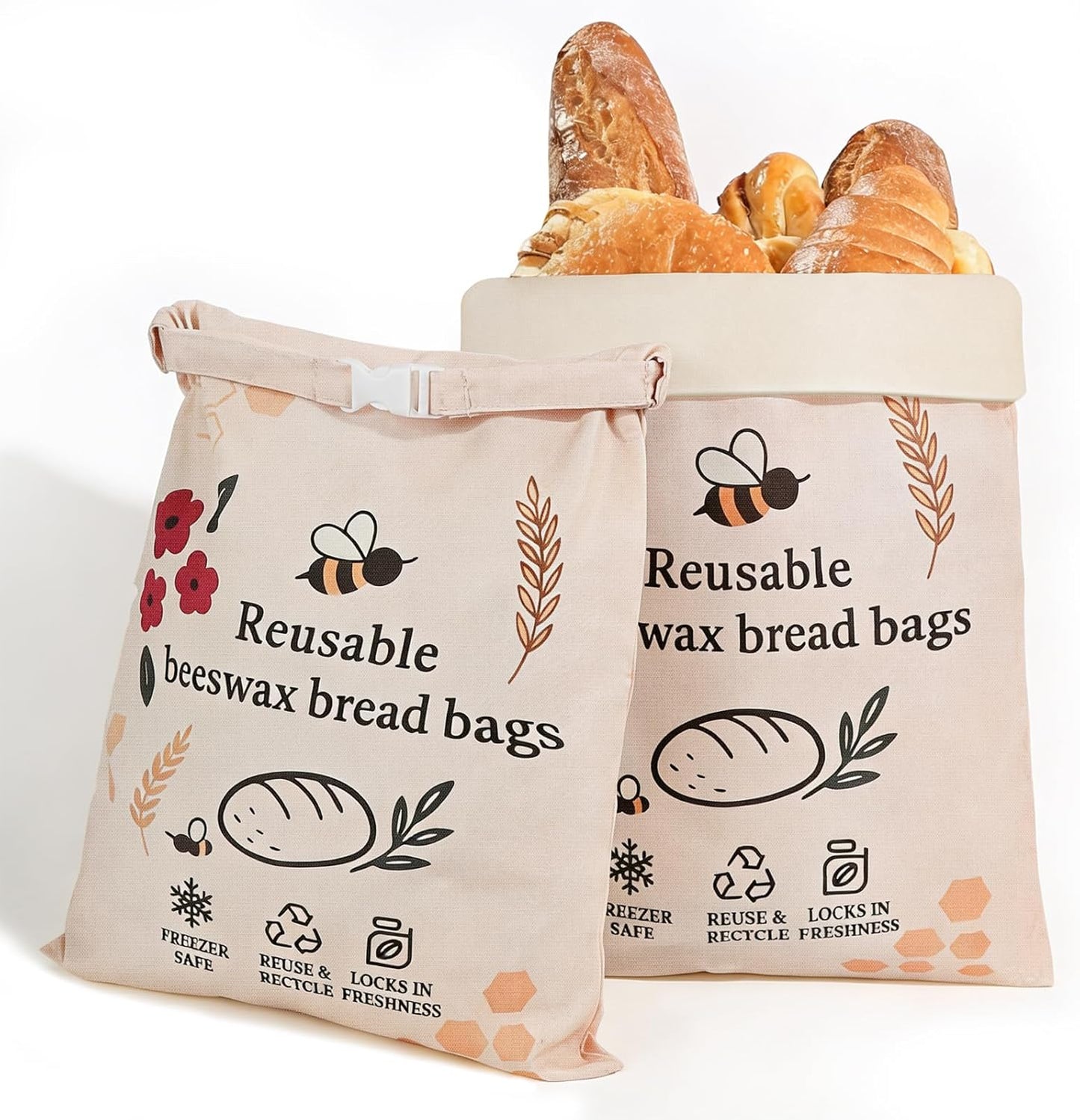 Skiennix XL Reusable Beeswax Bread Bags - Organic Cotton for Sourdough Baking | 2 Pack for Fresh Food Storage