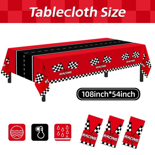 Childom 3Pcs Racing Car Plastic Tablecloth, Race Birthday Party Decorations, 54'' x 108'' Checkered Table Cloth Decor, Favors Rectangular Tablecloth for Boys Baby Shower Home