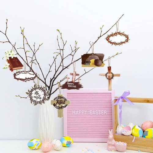 He Is Risen Wooden Signs | 24 Piece Easter Day Hanging Ornaments - Crown of Thorns & Jesus Cross Decor