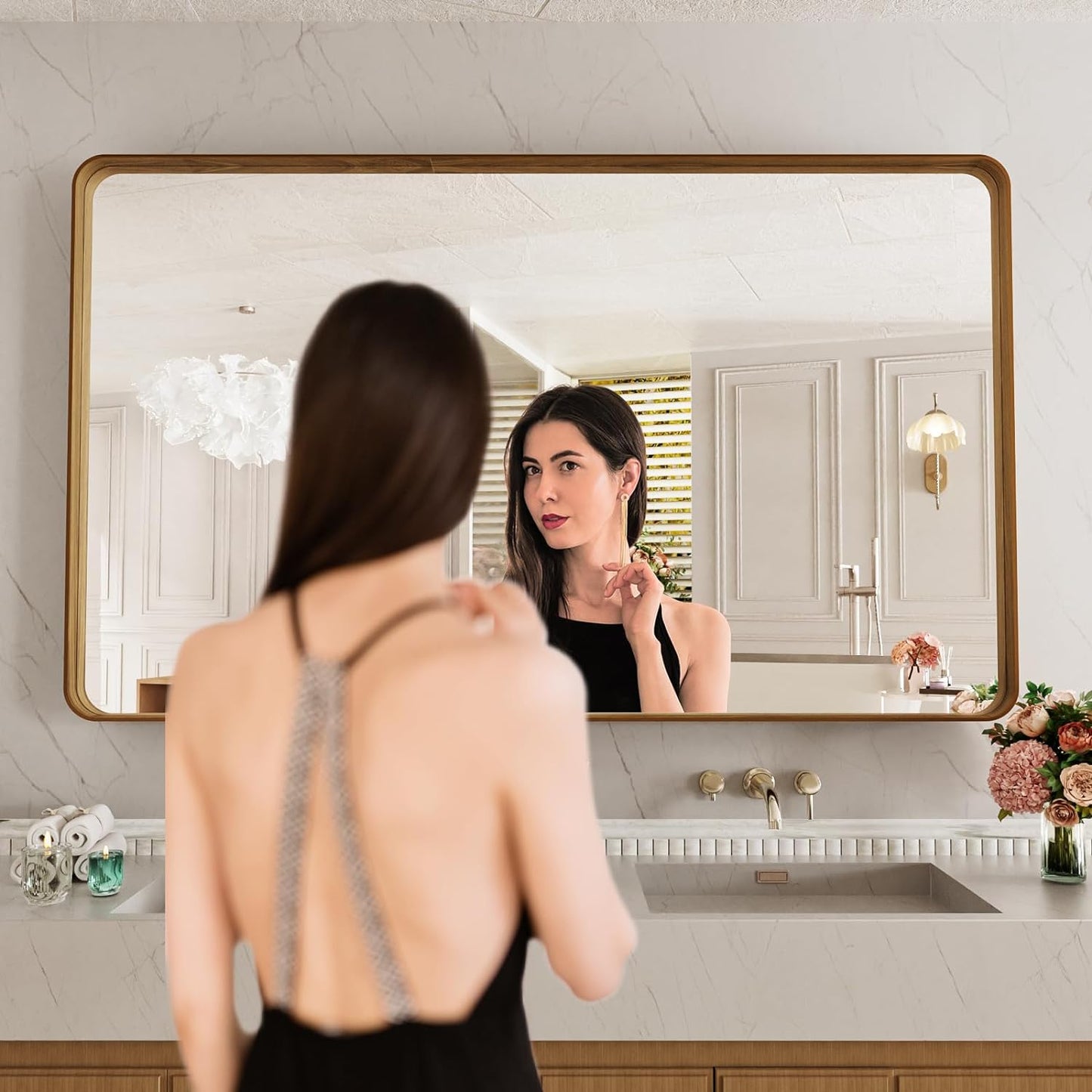LOAAO Bathroom Mirror - 60X28 Inch Rounded Rectangle Design with Wood Grain Metal Frame | Anti-Rust, Versatile Hanging Options