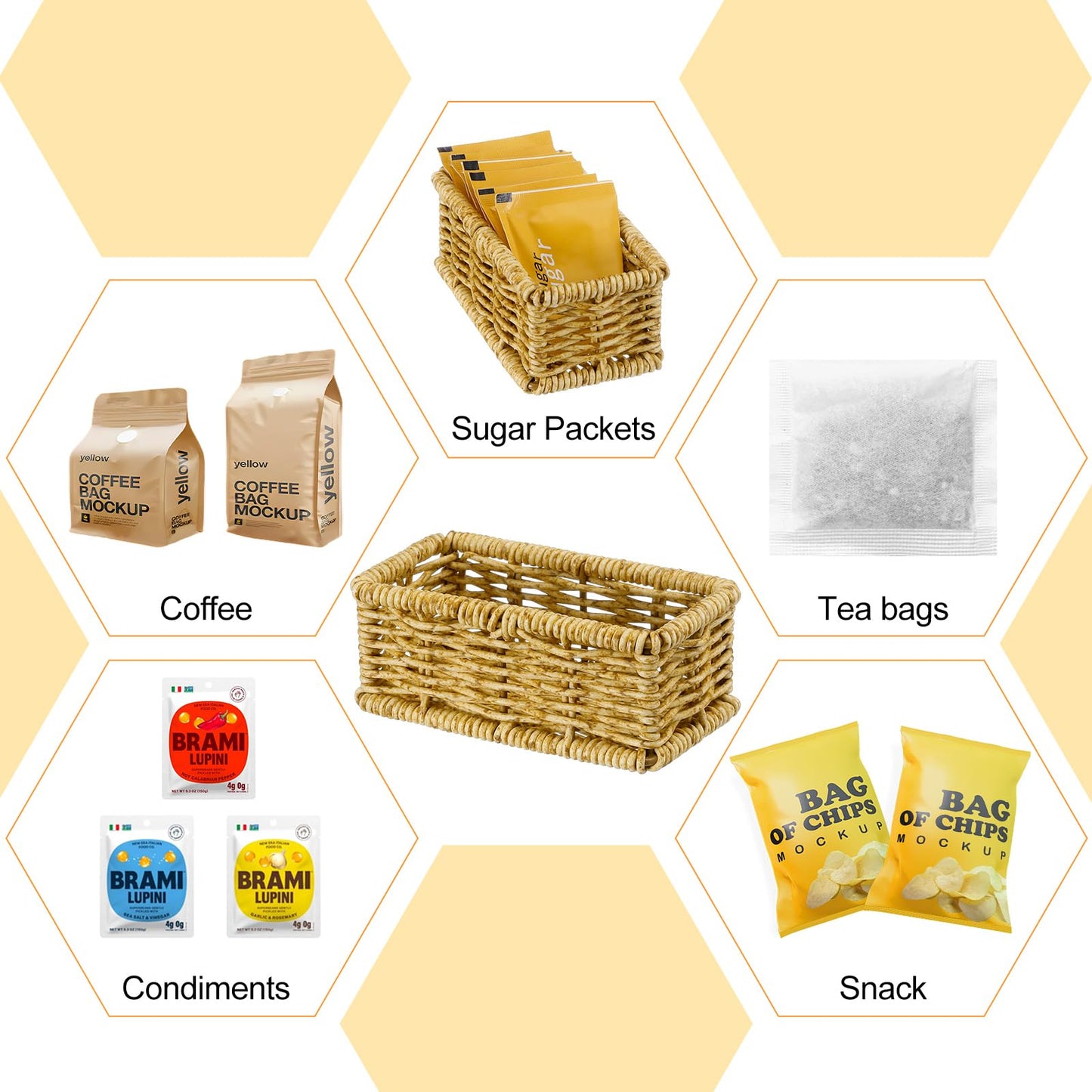 Weysat 2 Pcs Natural Rattan Sugar Packet Basket Rectangular Wicker Rattan Woven Baskets Small Sugar Packet Holder Caddy Bag Organizer for Coffee Bar Tea Kitchen Storage, 4.5" x 2.25" x 1.75"