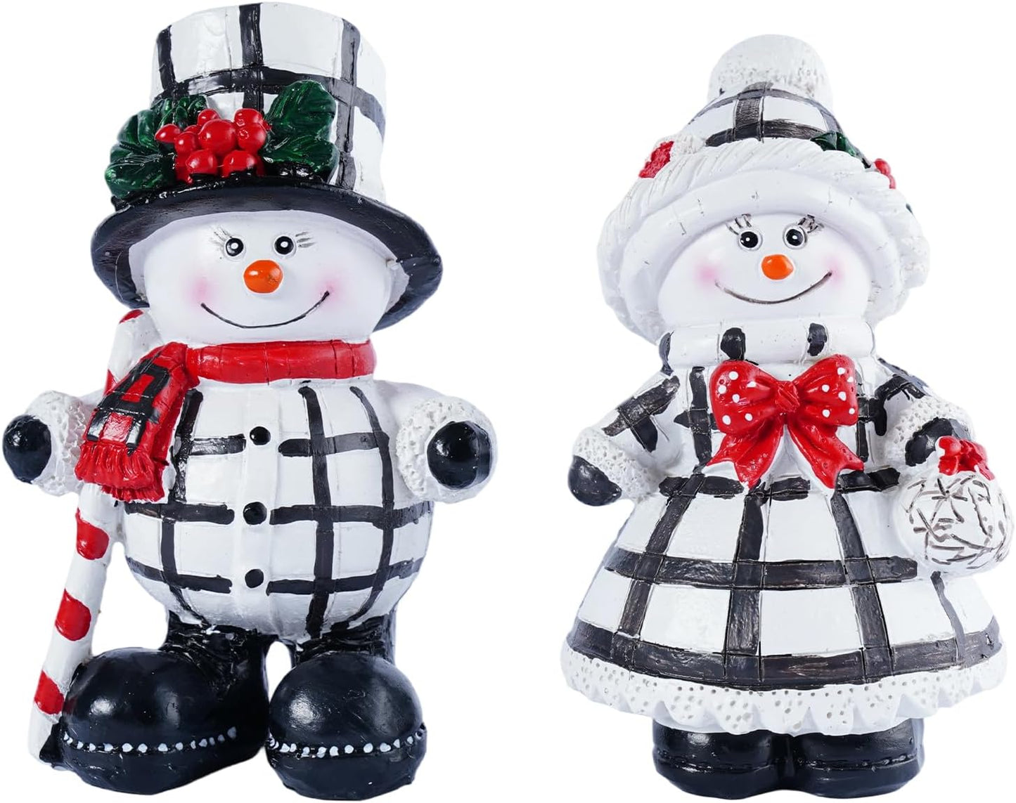 Snowman Figurines Set of 2 - Black and White Plaid Christmas Decorations for Home | Winter Decor