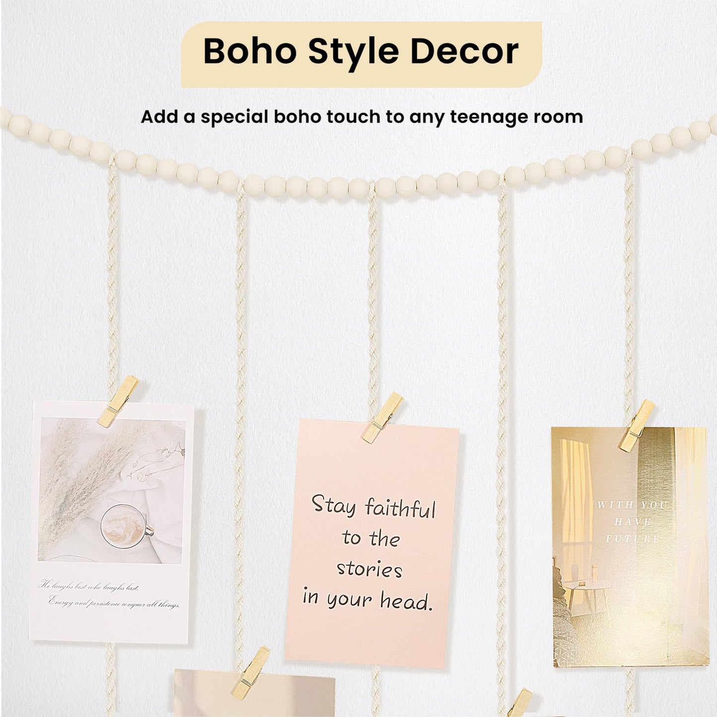 Poefditev Macrame Hanging Photo Display Boho Wall Decor with String Lights Wooden Beads Garland Picture Frame Collage Holder with 30 Clips for Room, Bedroom, Dorm, Christmas Teenage Teen Girl Gifts (Beige, Medium)