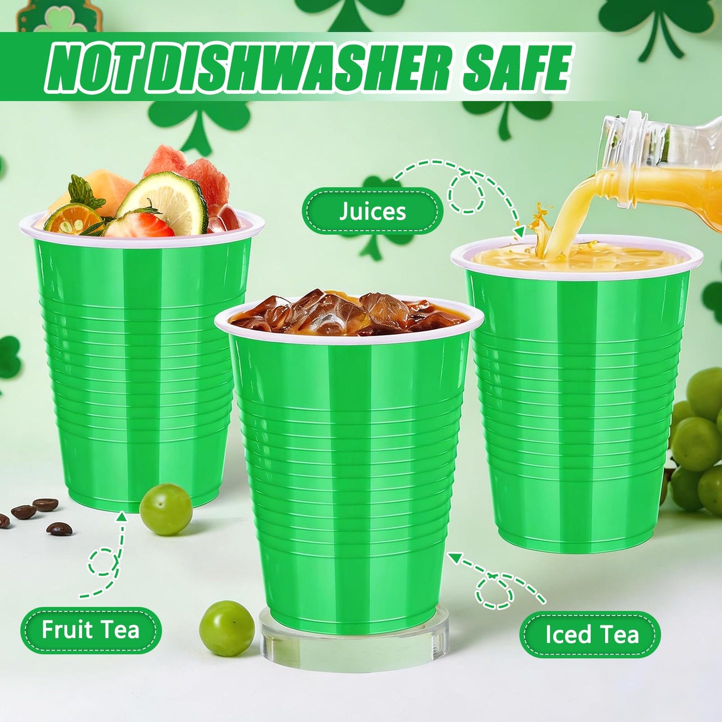 Dualshine 100 Pack Green Plastic Cups 18 oz, Disposable Heavy Duty Drinking Cups for St Patrick's Day, Graduation Cup for Christmas Wedding Birthday Beer Taste Serving Snack Sample Tastings Barbecues