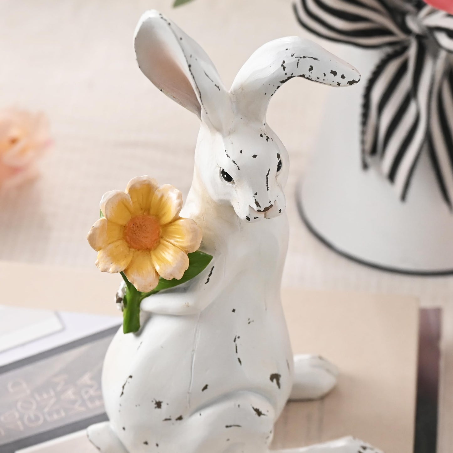 Valery Madelyn Easter Bunny Decorations for Home, Medium White Couple Rabbits Figurine Tabletop Decor, 2Pcs Cute Easter Gifts Resin Statues for Spring Holiday Indoor Party Table Centerpieces, 6"