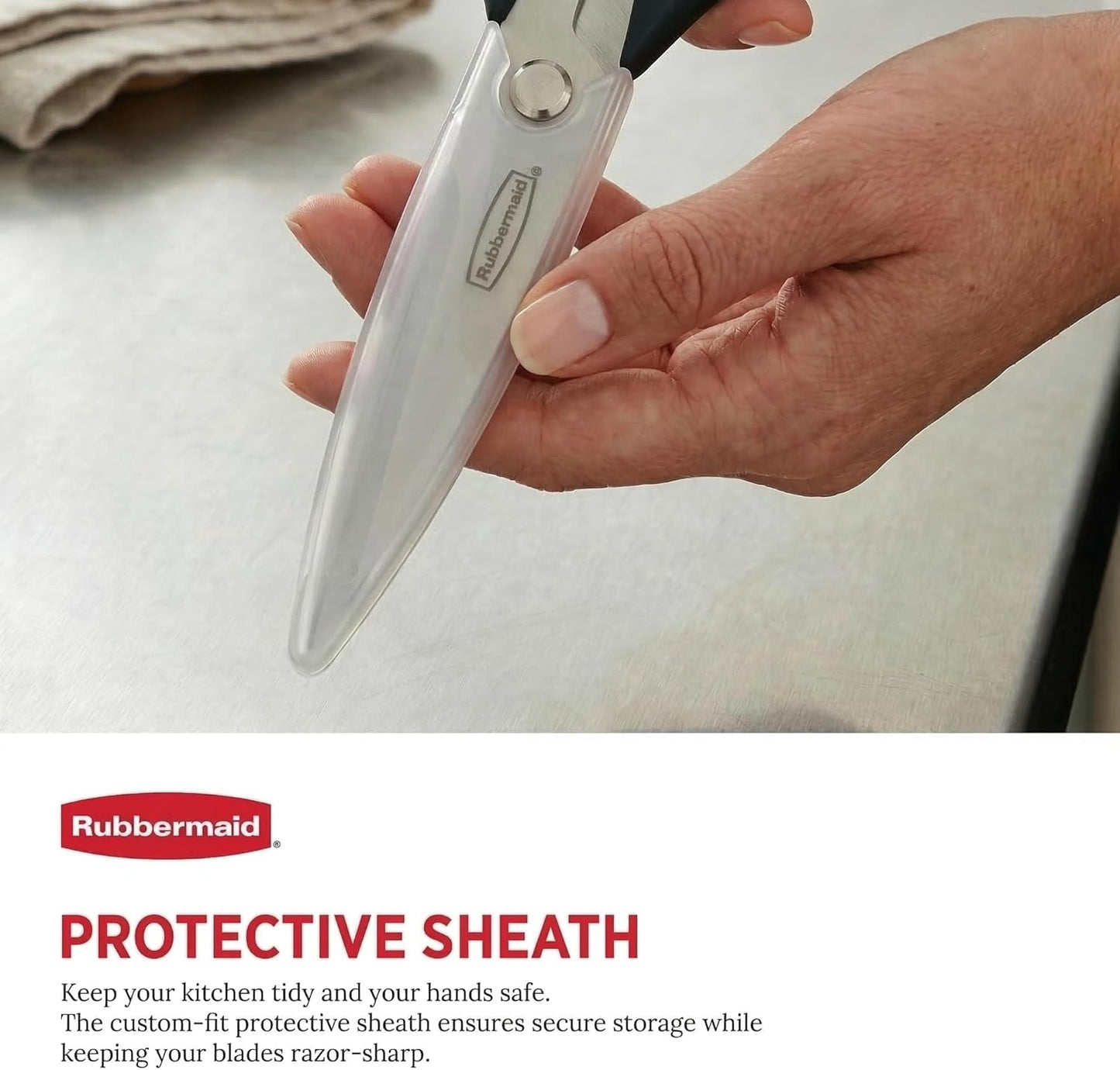 Rubbermaid Kitchen Scissors - Heavy Duty Stainless Steel Shears with Protective Sheath | Dishwasher Safe, Comfort Grip, Black