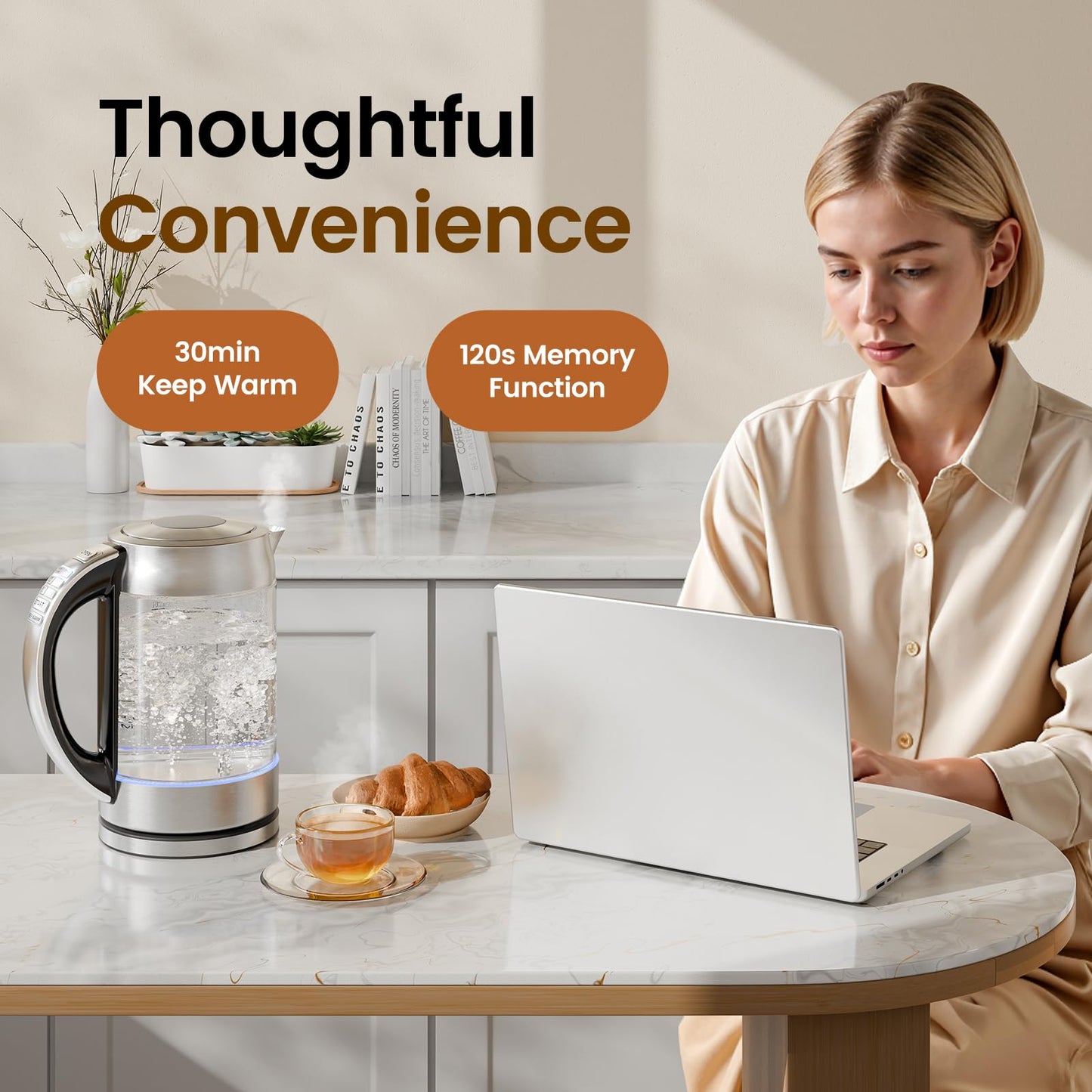 TOPZEE 1.7L Glass Electric Kettle for Coffee & Tea, Hot Water Boiler with 6 Preset Temperatures, Keep Warm and Memory Function, Auto Shut-off & Dry Boil Protection, BPA Free, Rapid Boil, 1500W, Silver
