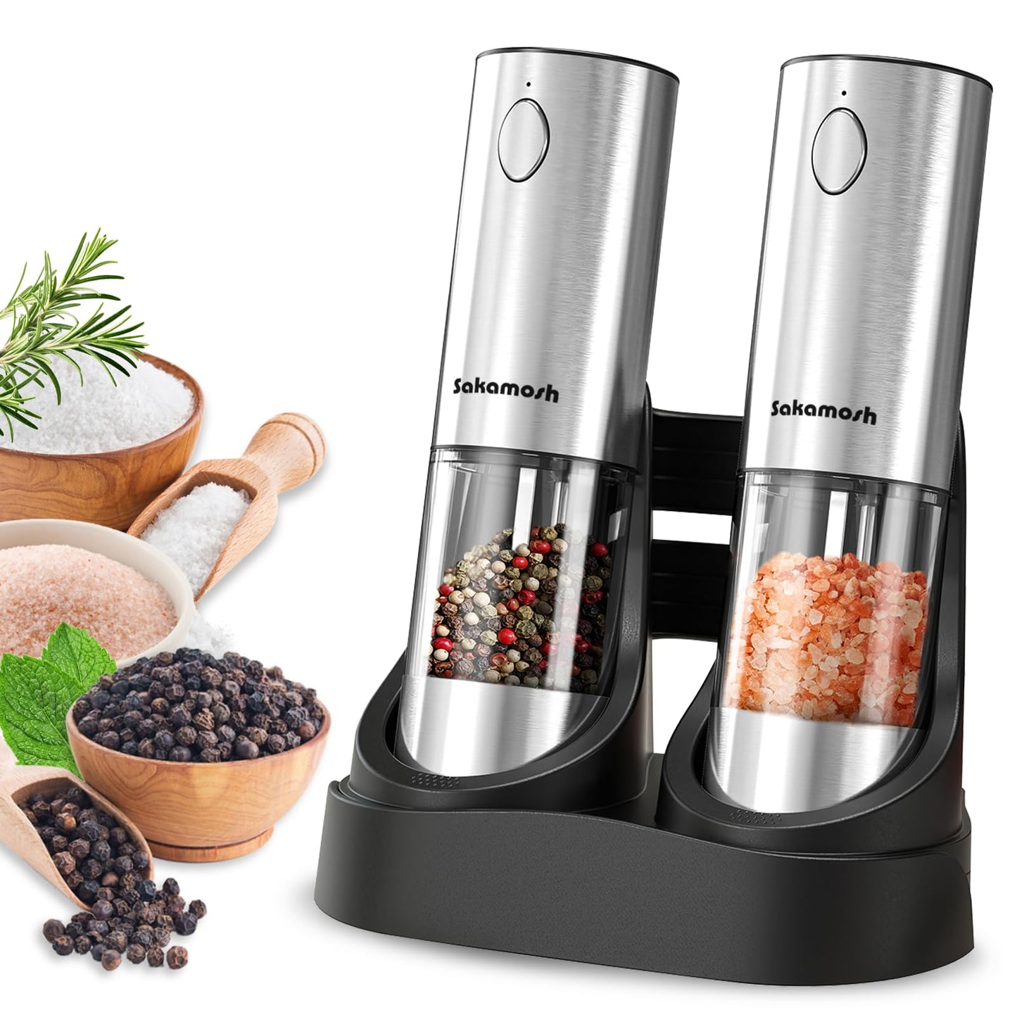 Electric Salt and Pepper Grinder Set USB Rechargeable Base, Stainless Steel Automatic Pepper and Salt Shakers with Adjustable Coarseness, LED Light, Ideal Gifts for Housewarming, Parents, Friends