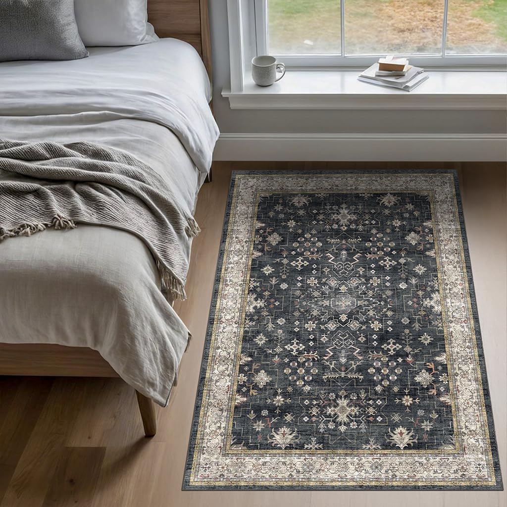 Skiennix Large 3x5 Entryway Rug - Washable Non-Slip Ultra Soft Area Rug for Kitchen & Bedroom | Distressed Boho Geometric Design, Ashen/Multi