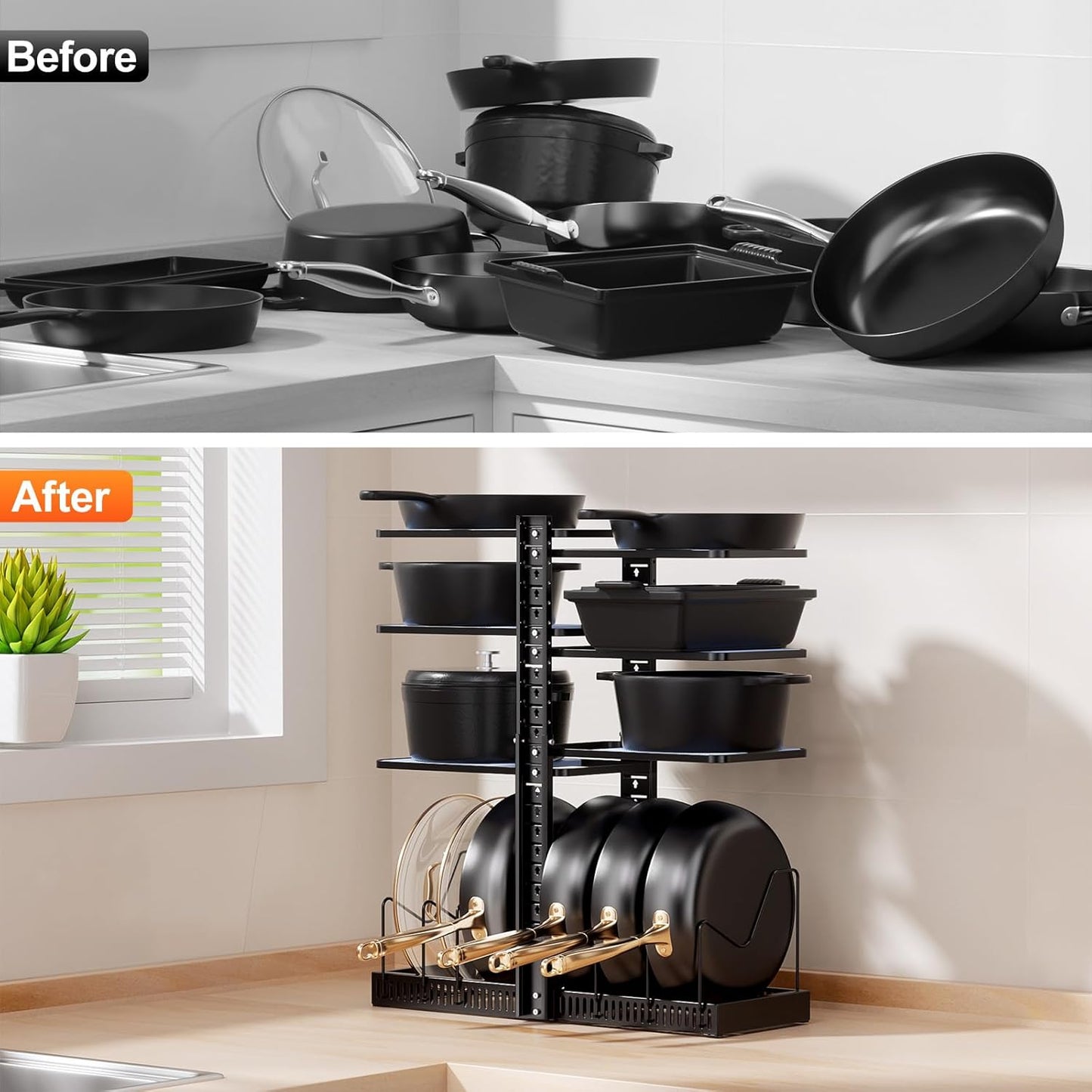 LAMU Pots and Pans Organizer - Expandable Under Cabinet Storage with 6 Adjustable Tiers | Holds 12 Cast Iron Cookware, Black