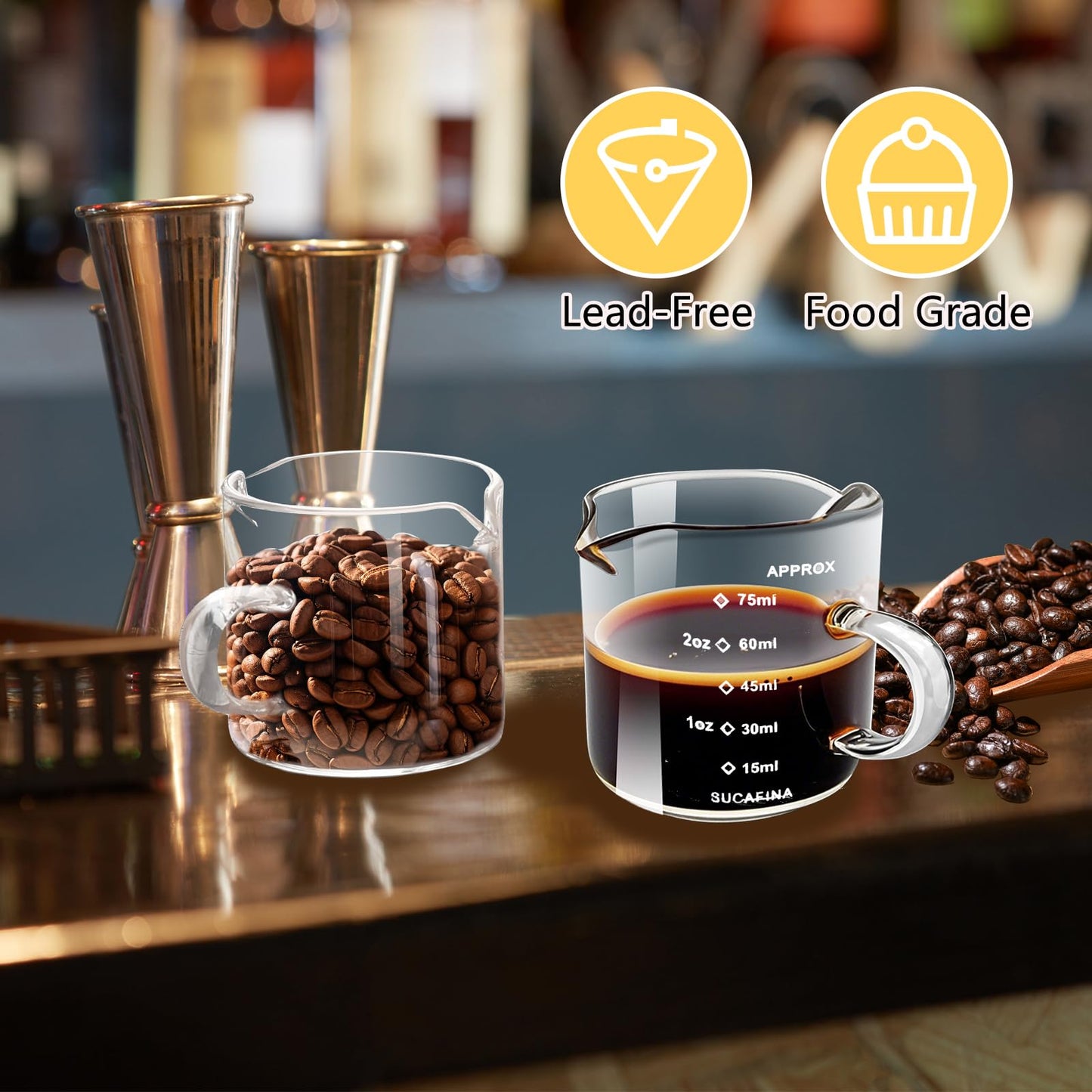 HCengTriz Espresso Cups 4-Piece set, 4 OZ Double Spout Cup with Handle, Espresso Shot Glass with V-Shaped Spout for Espresso Machine, Milk Cup (Espresso Cup Graduated)