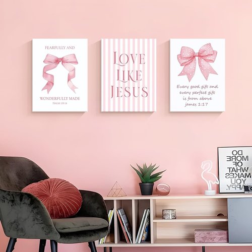 Dytila 3 Piece Pink Bows Wall Art - Cute Bible Verse Decor for Girls' Rooms | 12x16 Inch