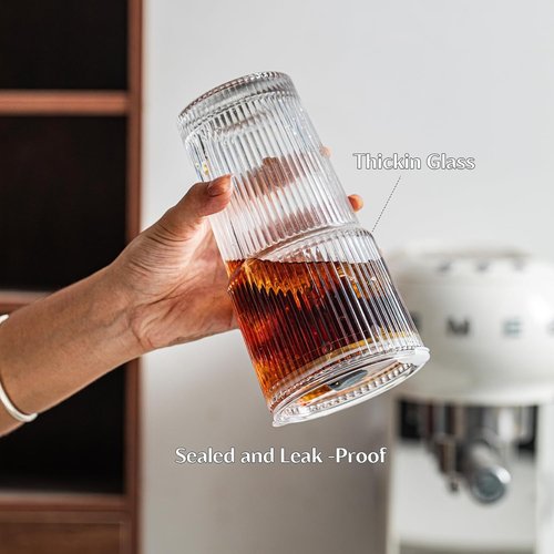 INSETLAN 20 oz Ribbed Glass Tumblers - 4-Piece Set with Lids & Straws | Durable Drinkware for Iced Coffee & Cocktails