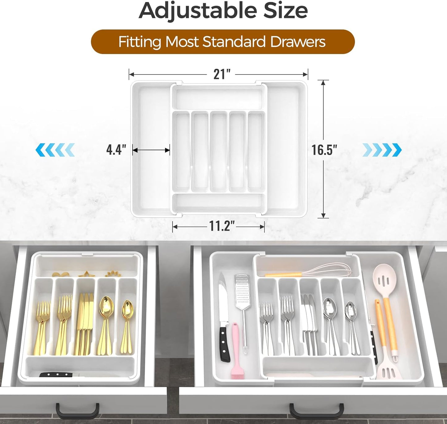 Ukeetap Extra Large Silverware Organizer - BPA-Free Adjustable Cutlery Holder for Kitchen Drawers | White