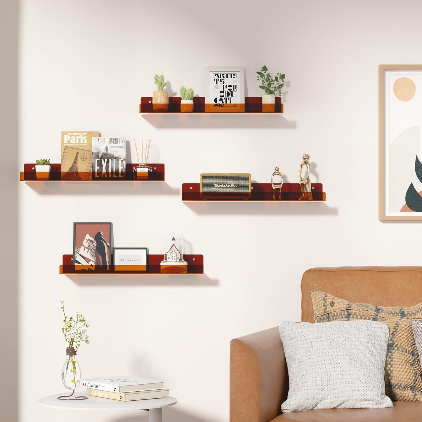 Upsimples Acrylic Wall Shelves - 15" Floating Display Shelf Set for Perfume & Books | Clear Brown, 4 Pack