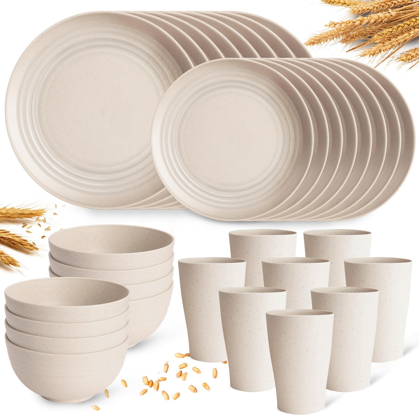 Gudvilla Wheat Straw Dinnerware Sets, 32Pcs Plastic Plates and Bowls Sets for 8, Unbreakable Reusable Wheat Straw Bowls Plates Cups Dishes Set, Dishwasher Microwave Safe, for RV Kitchen Camping