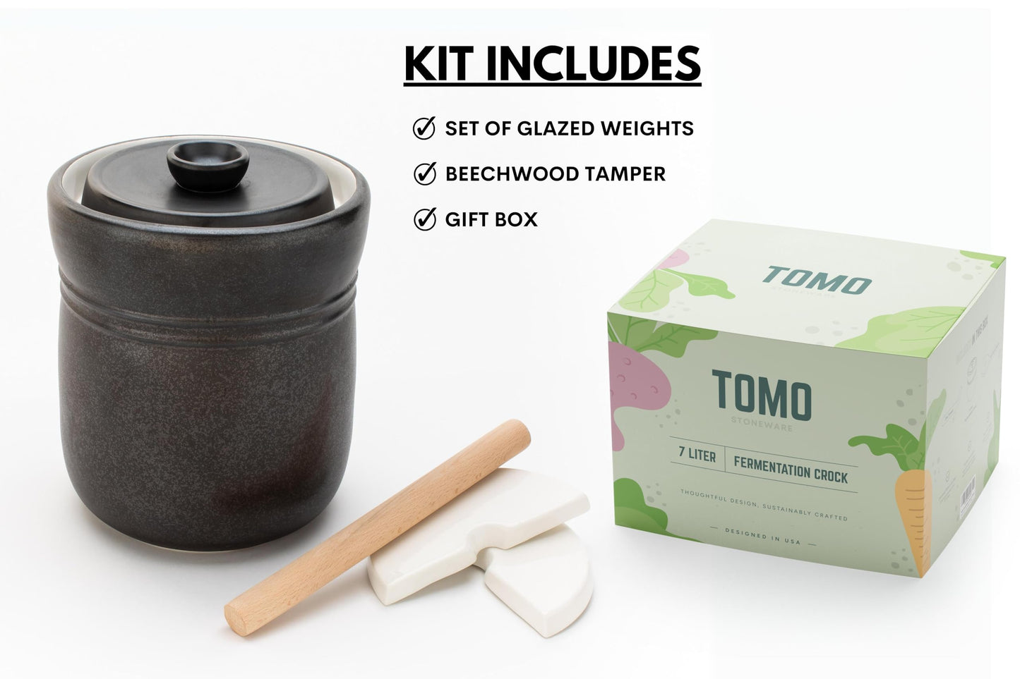 TOMO Fermentation Crock with Weights - Ceramic Sauerkraut Pickling Crock - Stoneware Kombucha Brewing (7L)