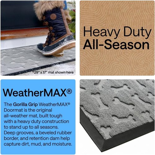 GORILLA GRIP Waterproof All-Season WeatherMAX Doormat - 35x23 Natural Rubber, Stain & Fade Resistant, Easy Clean Light Gray