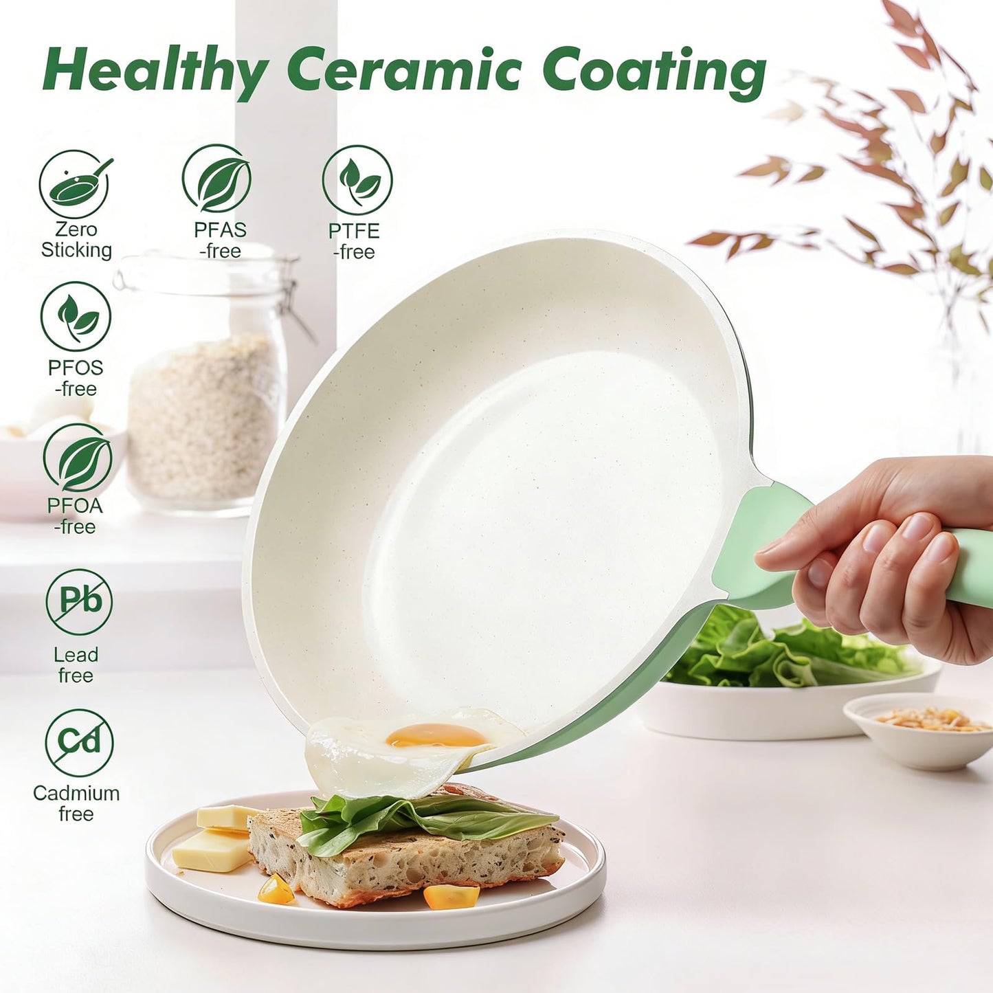 SENSARTE Nonstick Ceramic Frying Pan 10-Inch, Healthy Non Toxic Skillet, Induction Compatible Omelet Pan with Heat Resistant Handle, Dishwasher Safe, PFAS-Free, Green