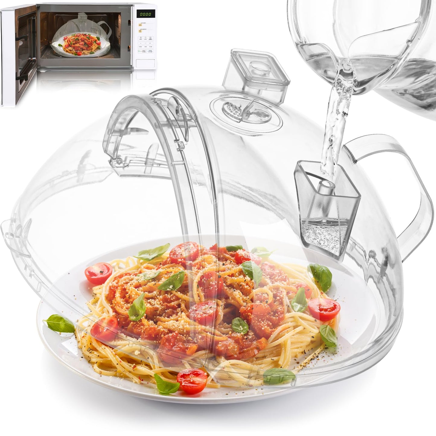 WENWELL Microwave Cover with Water Steamer & Tray,Food Protector Splatter Guard,Dish Bowl Plate Serving Lid with Handle,10 Inches,BPA-Free,Clear Plastic