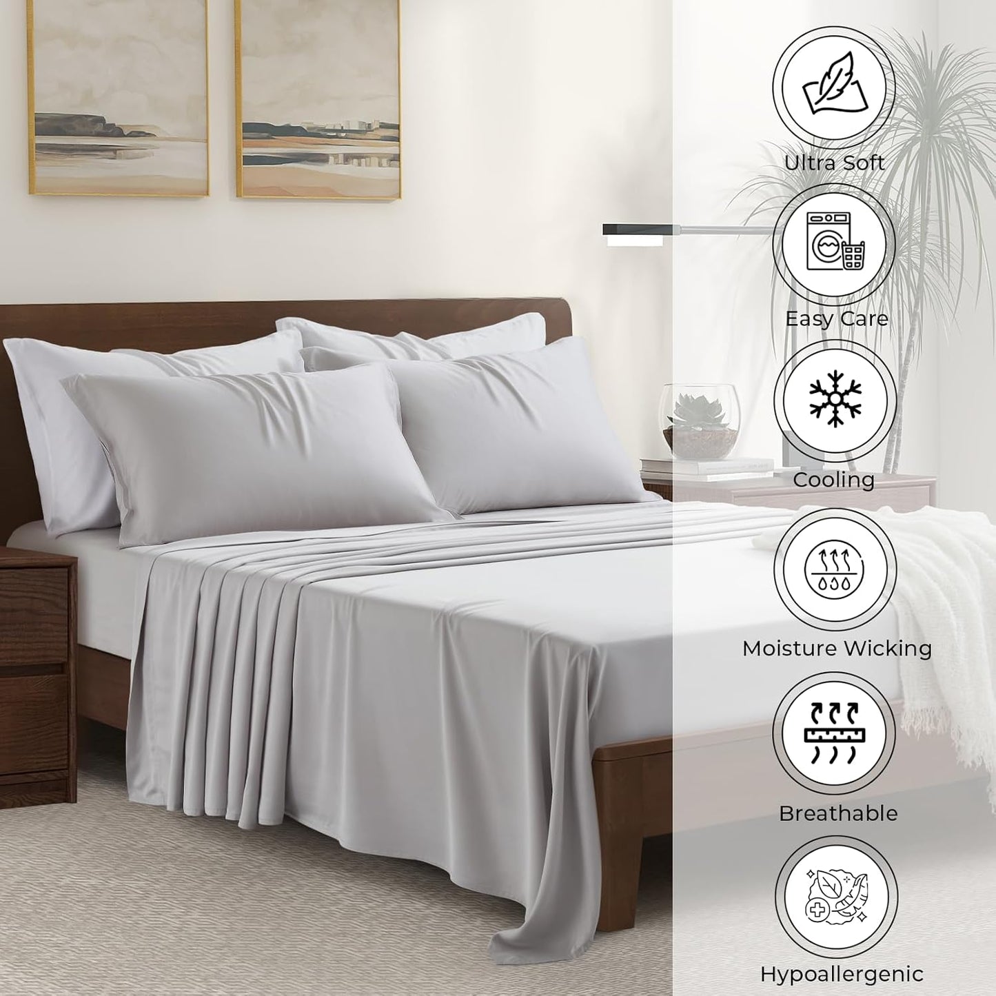 Luxury Bamboo Market King Size Bed Sheet Set - 100% Viscose Bamboo | Ultra Soft & Cooling | 17" Deep Pocket | Dove Grey
