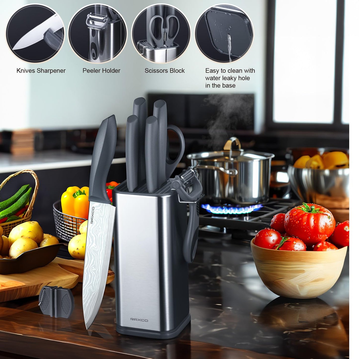 RAXCO 10-Piece Kitchen Knife Set | Stainless Steel Holder | Compact Design - Gray