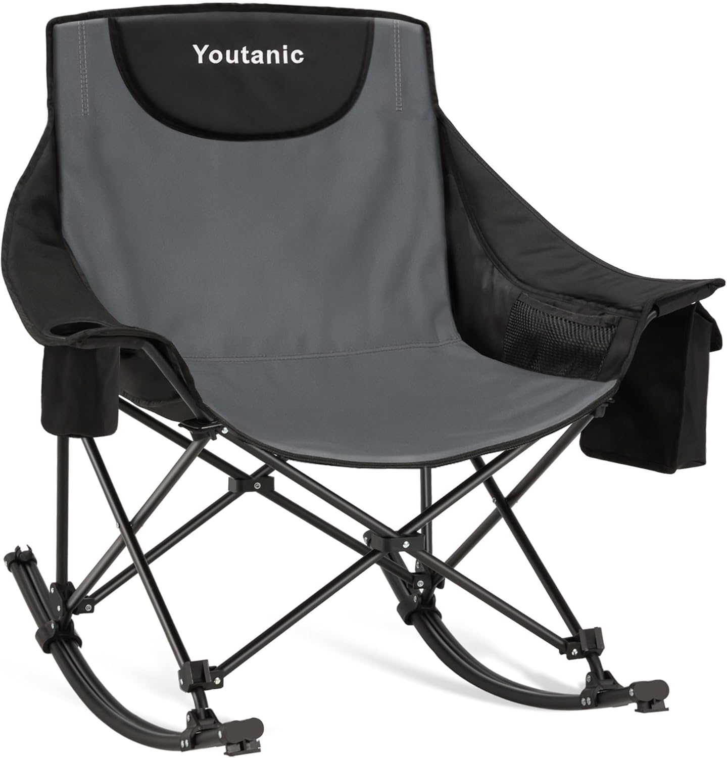 Youtanic Oversized Folding Rocking Camping Chair - Padded Portable Design with Cup Holder & Pockets | Heavy Duty Up to 400lbs, Gray