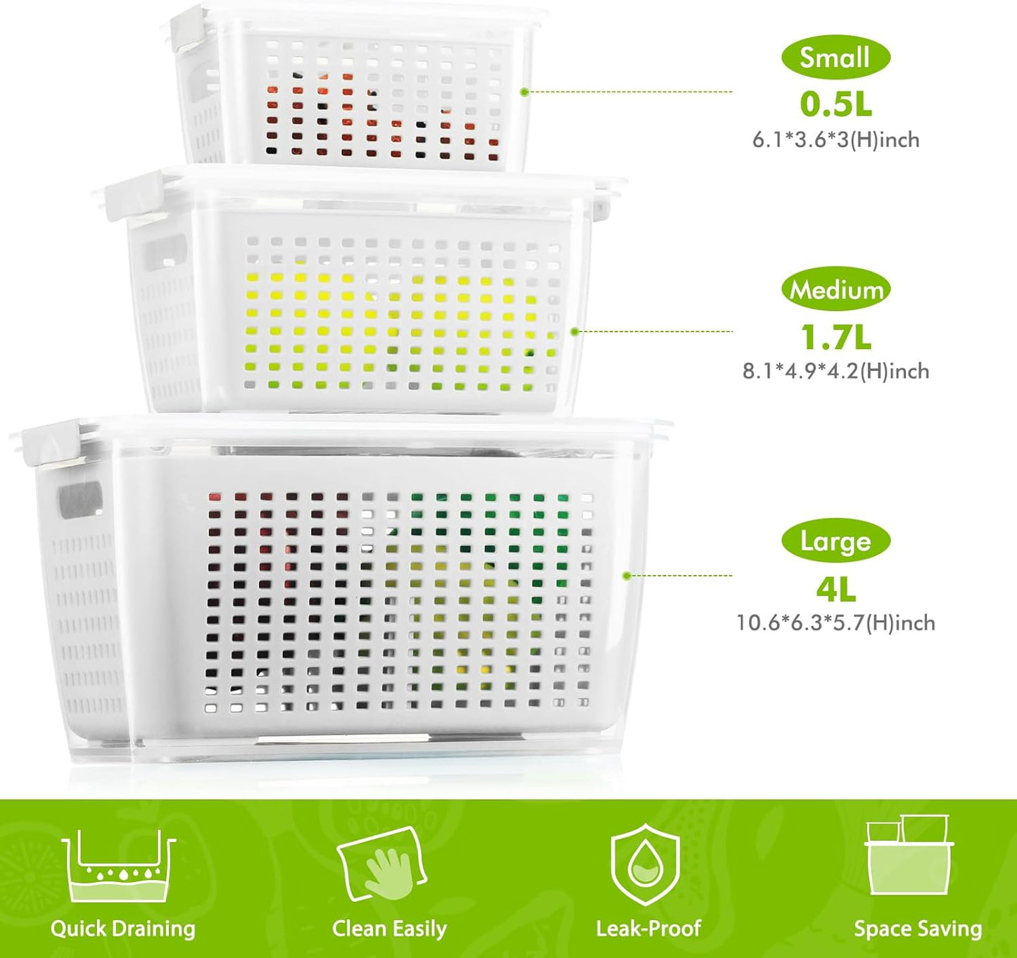 LUXEAR Produce Containers - 3 Set BPA-Free Fruit Savers with Removable Colander | Dishwasher & Microwave Safe