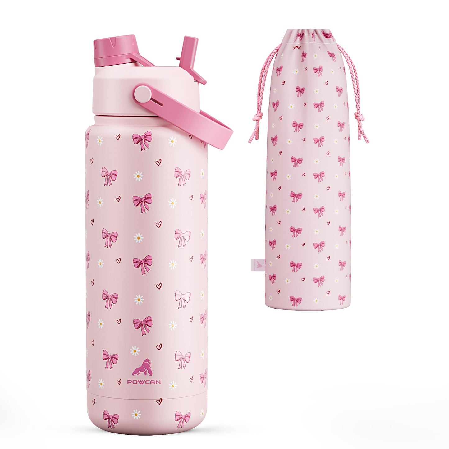 POWCAN 32 oz Insulated Water Bottle with 2-in-1 Straw and Spout Lid, Keep Cold 24H, Leak-Proof, BPA-Free, Double Wall Stainless Steel Water Bottle for Sports, Gym, Travel, Gift, School (Bow Crush)