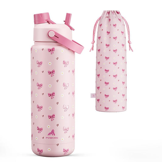 POWCAN 32 oz Insulated Water Bottle with 2-in-1 Straw and Spout Lid, Keep Cold 24H, Leak-Proof, BPA-Free, Double Wall Stainless Steel Water Bottle for Sports, Gym, Travel, Gift, School (Bow Crush)