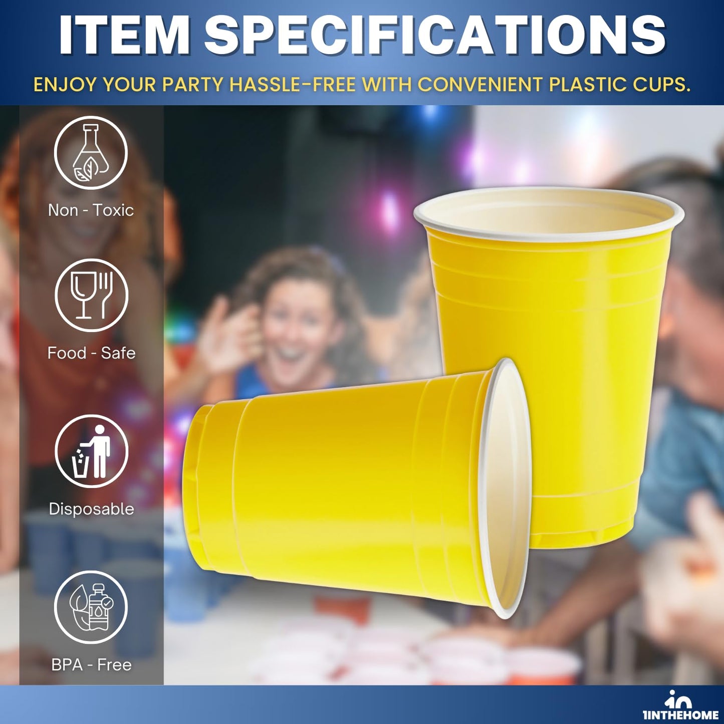 1InTheHome Yellow Plastic Party Cups, 16 Oz Disposable Drinking Cups, 50 Pack
