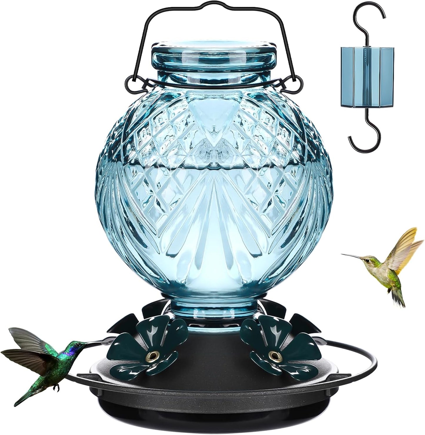 Skiennix Glass Hummingbird Feeder - 20oz Outdoor Nectar Feeder with Bee Guards & Ant Moat | Blue