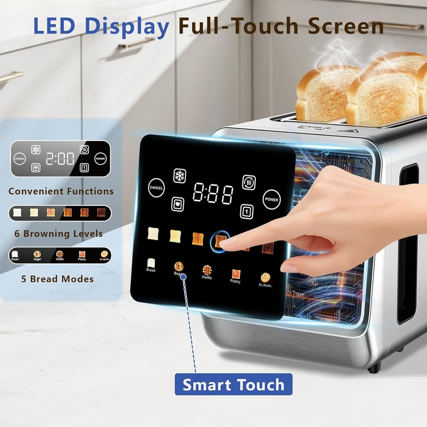 SAKAMOSH Smart Toaster - 4 Slice Digital Toaster with Touch Screen & 6 Browning Levels | Stainless Steel