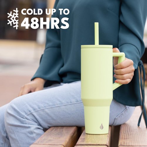 Elemental 40 oz Tumbler with Handle and Straw - Spill Proof Insulated Stainless Steel Commuter for Cold Beverages - Travel Coffee Mug with 2 Straws & Spill Proof Lid - 40oz - Key Lime