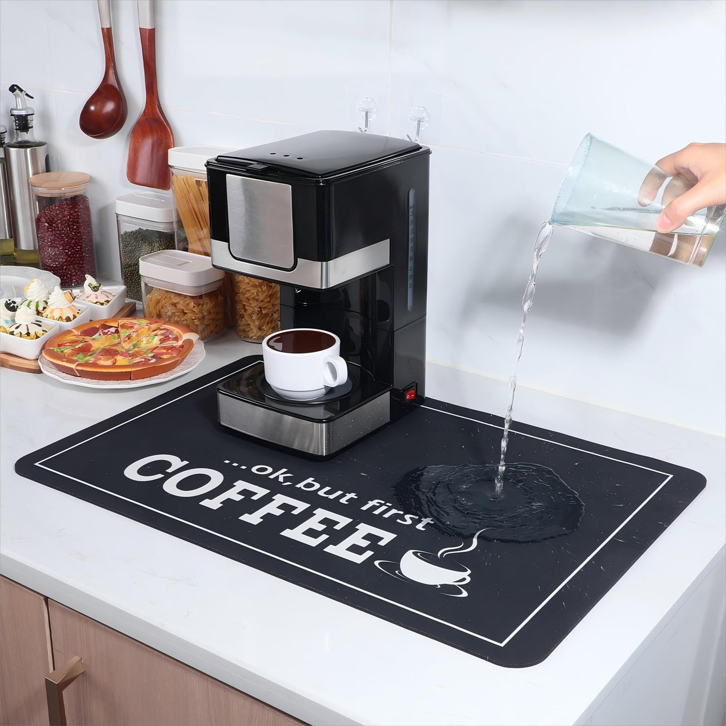 Queekay Coffee Bar Mat for Counter 24" x 16" Absorbent Dish Drying Mat for Kitchen Coffee Bar Accessories Hide Stain Rubber Backed Black Counter for Machine(Classic Style,Black)